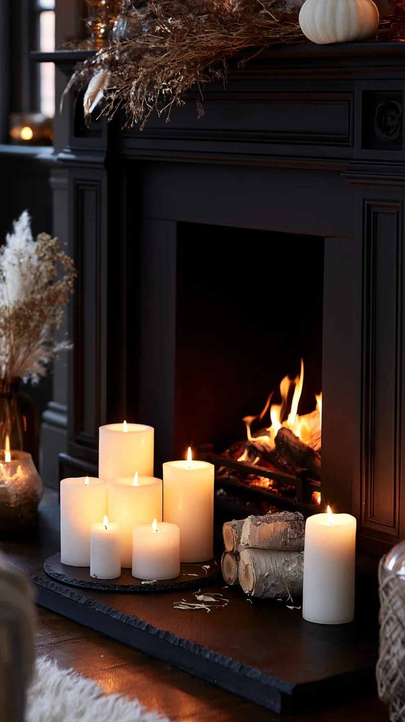 a dark firebox filled with lanterns below a Halloween mantel, photo 5 of 8