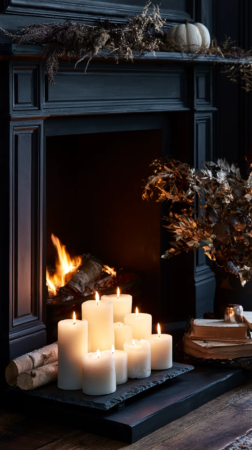 a dark firebox filled with lanterns below a Halloween mantel, photo 6 of 8
