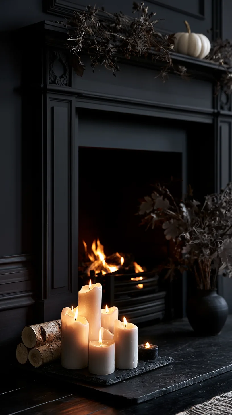 a dark firebox filled with lanterns below a Halloween mantel, photo 7 of 8