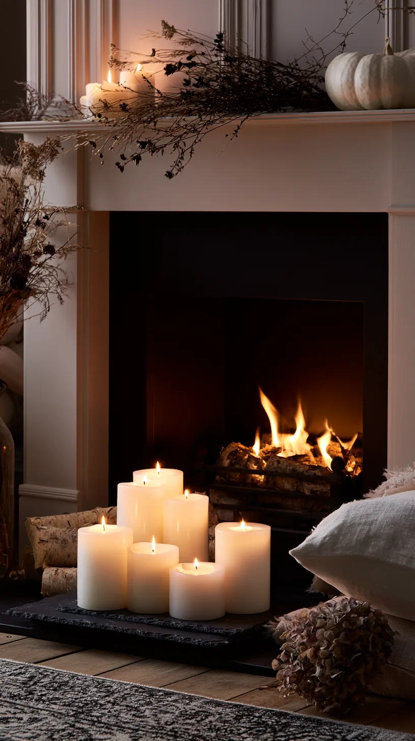 a dark firebox filled with lanterns below a Halloween mantel, photo 8 of 8