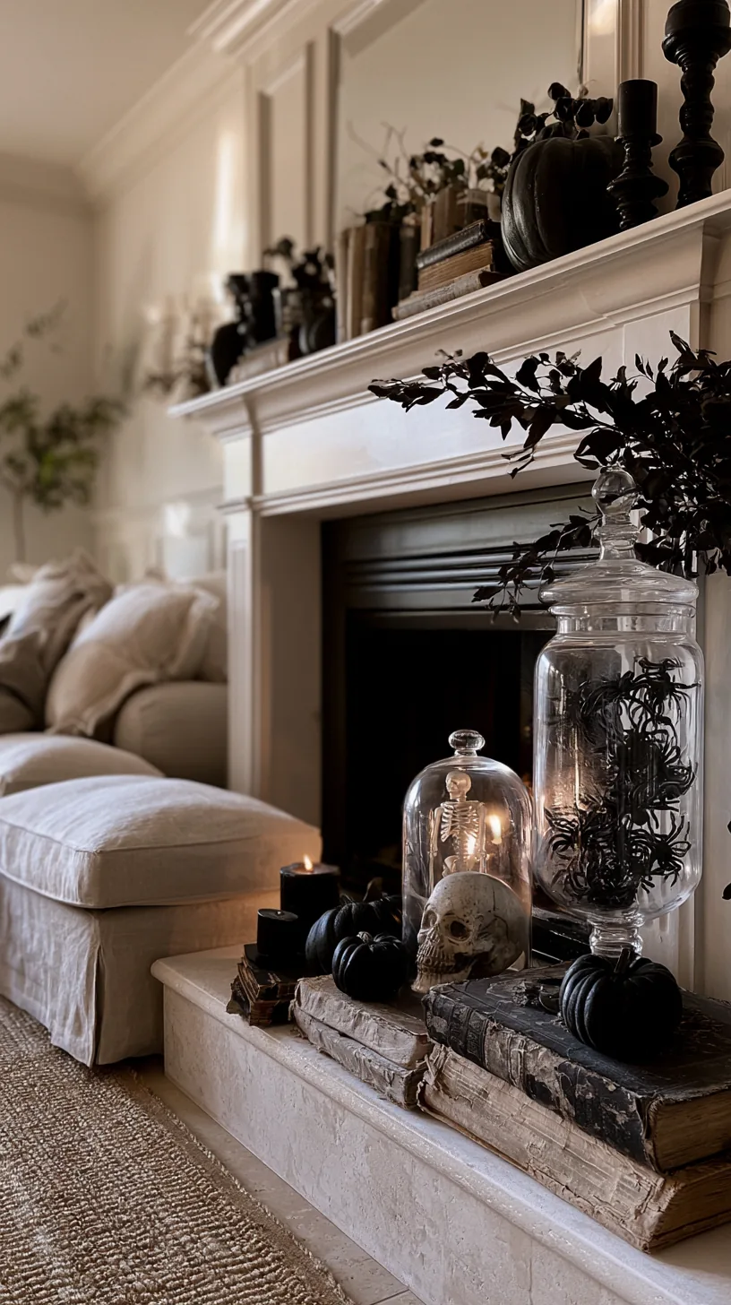 small plastic Halloween pieces contained under a glass cloche on a mantel, photo 1 of 4