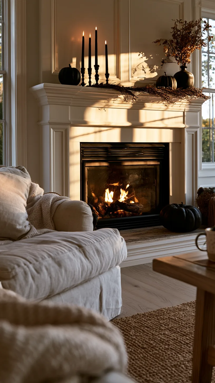 three black taper candles at graduated heights on a Halloween mantel, photo 3 of 4
