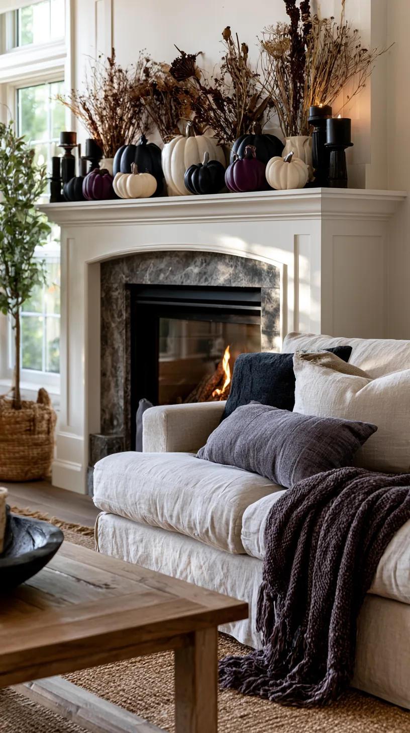 dark matte faux pumpkins on a Halloween mantel, photo 1 of 4