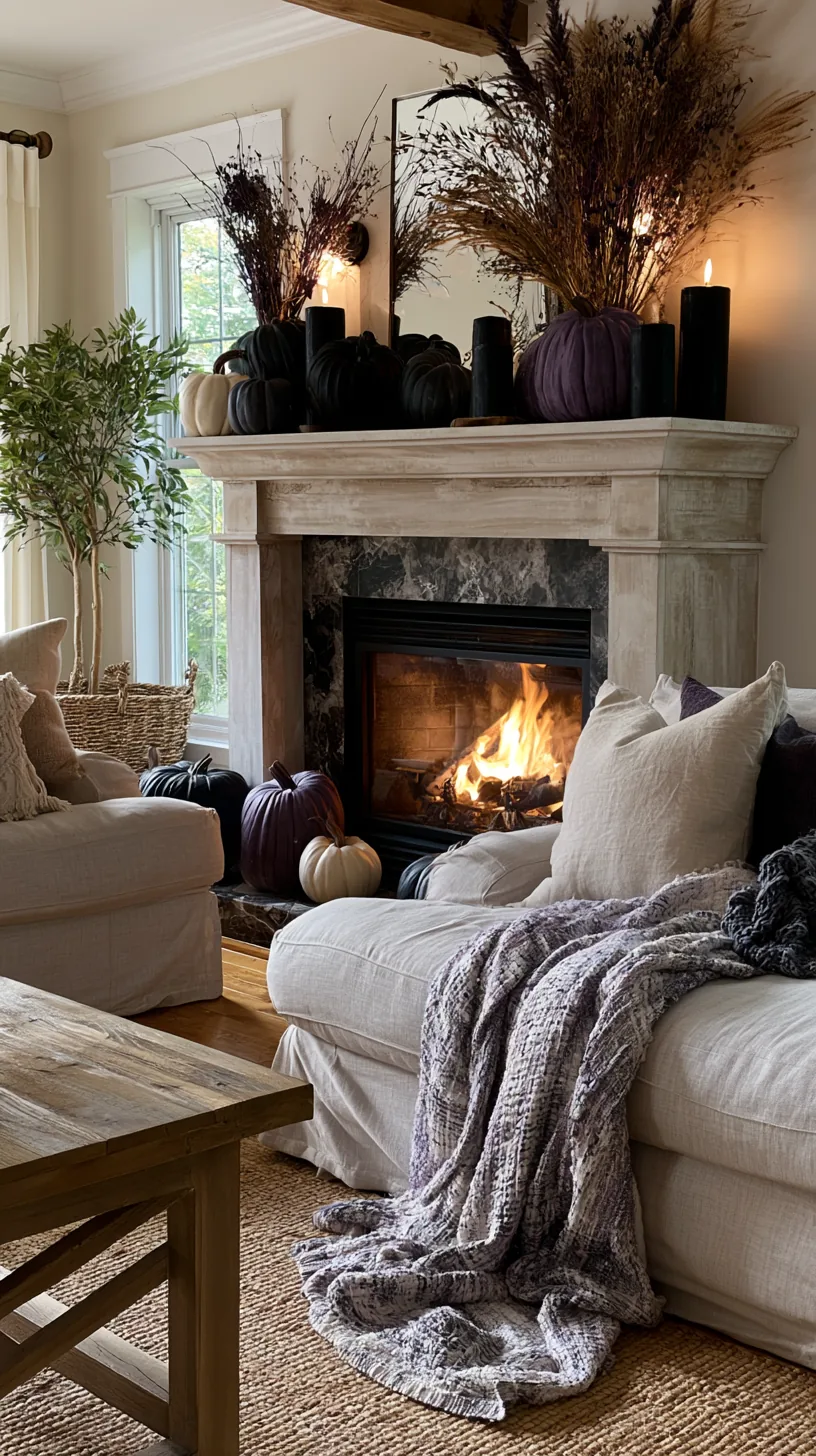 dark matte faux pumpkins on a Halloween mantel, photo 2 of 4