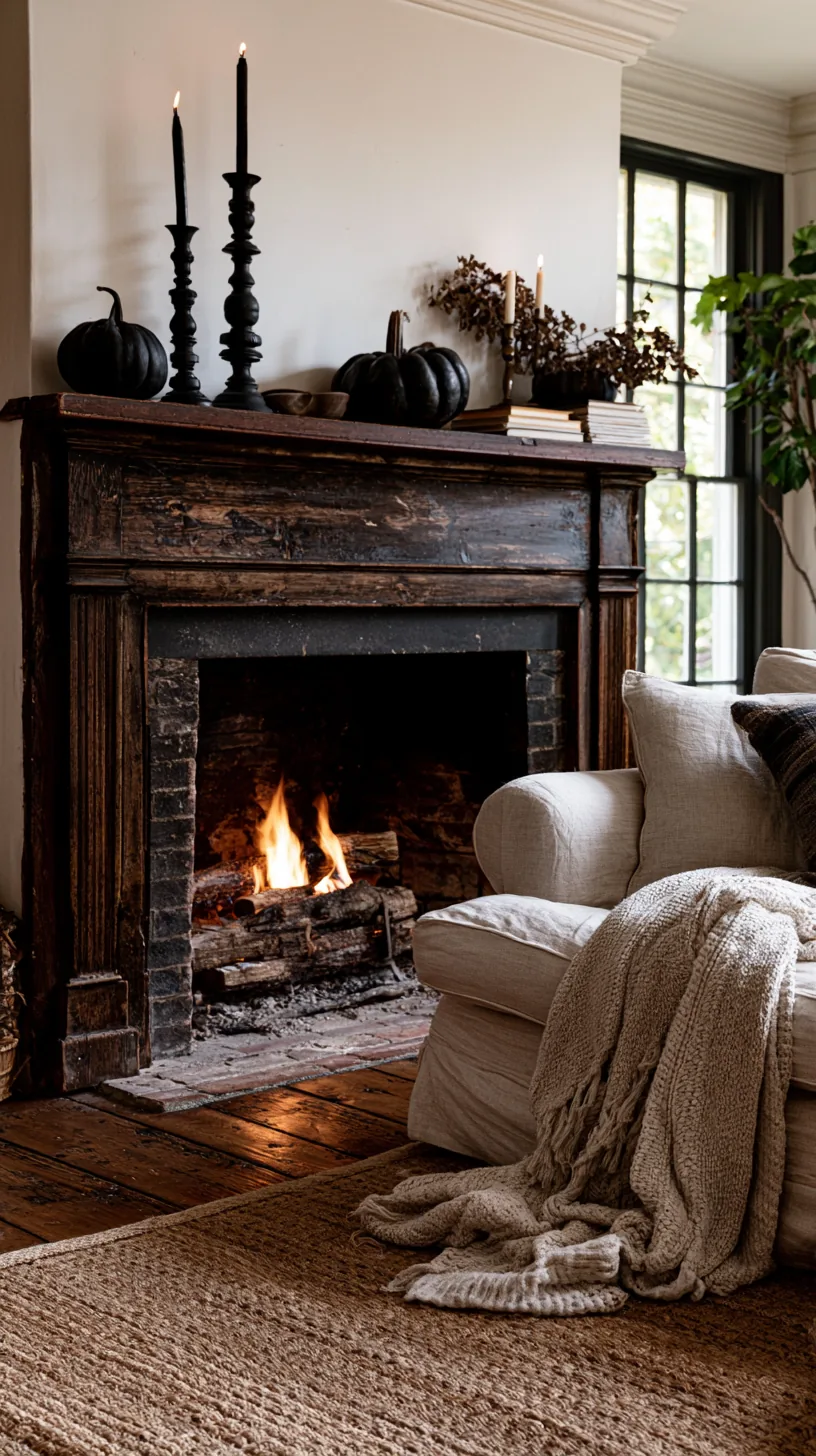 a Halloween mantel arrangement steadied on an uneven older mantel, photo 1 of 4