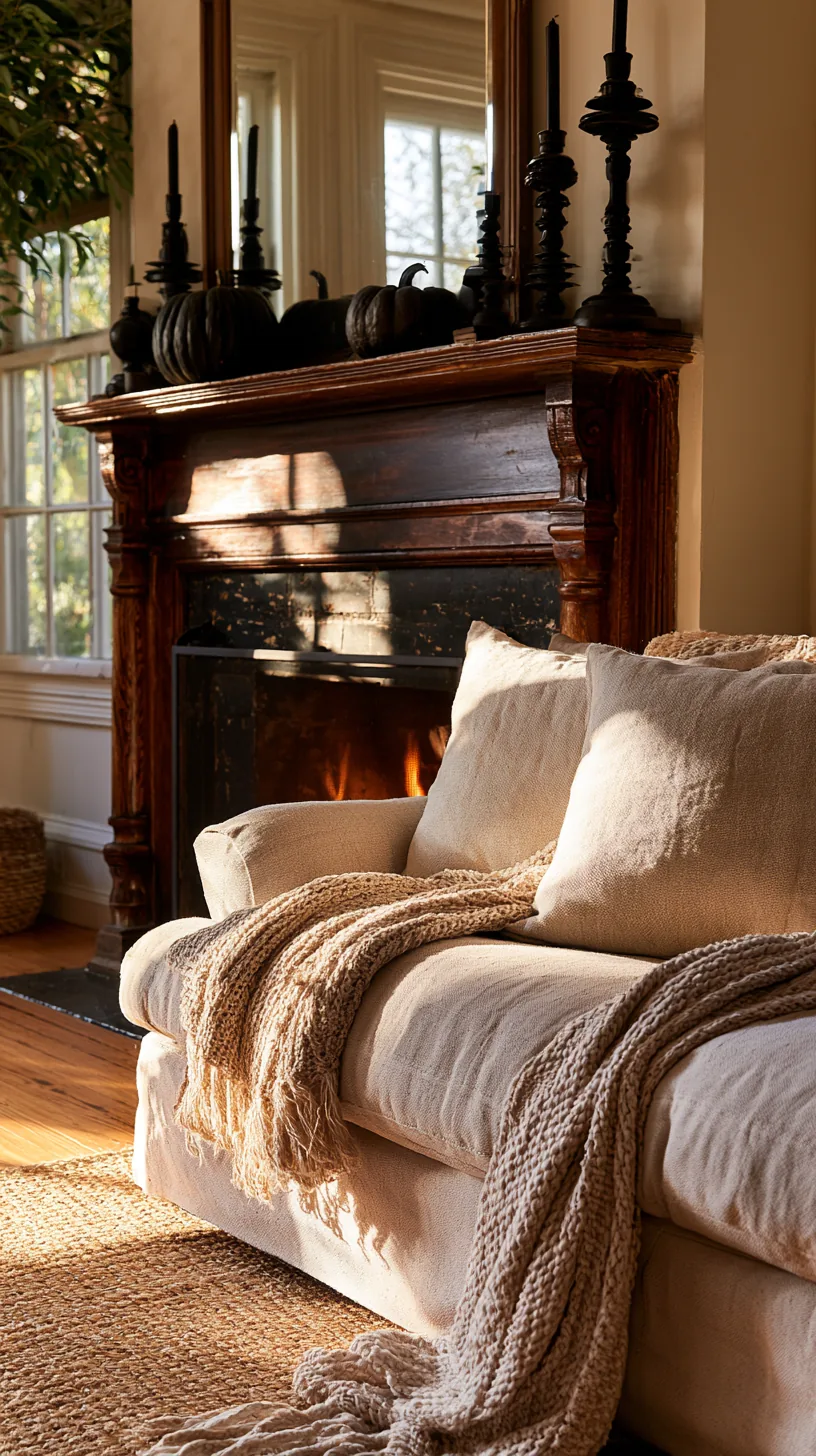 a Halloween mantel arrangement steadied on an uneven older mantel, photo 4 of 4