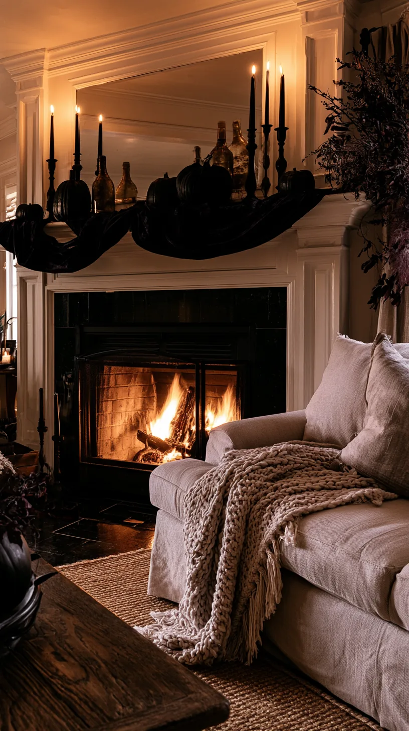 a dark velvet runner along a Halloween mantel ledge, photo 2 of 4