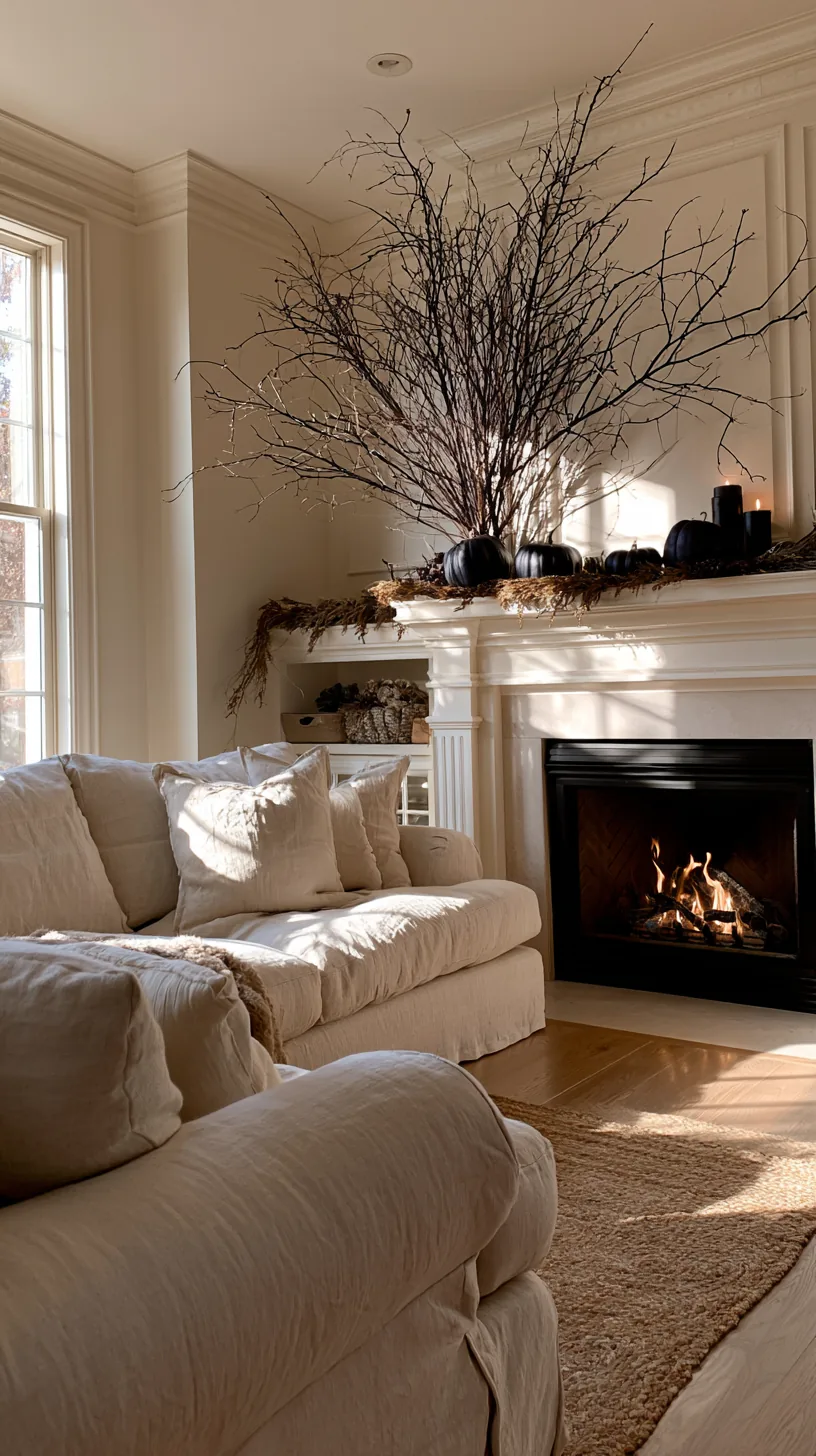 tall dark branches rising from a Halloween mantel into the wall above, photo 1 of 4