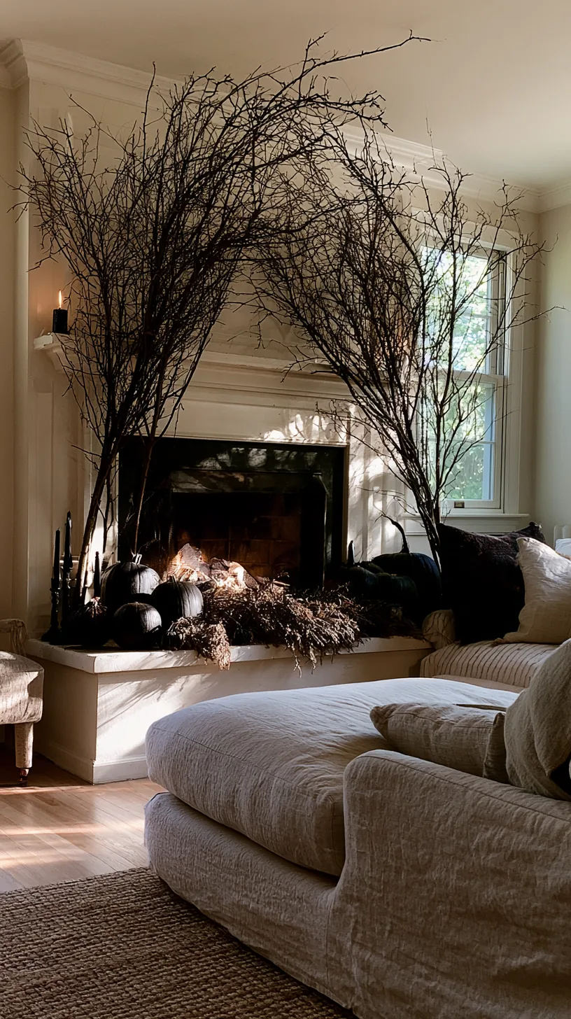 tall dark branches rising from a Halloween mantel into the wall above, photo 2 of 4