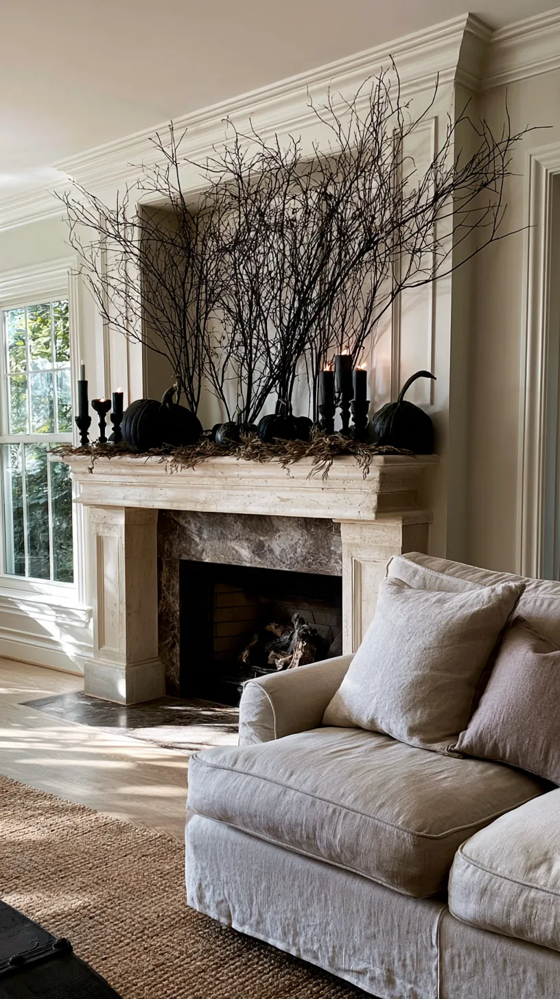 tall dark branches rising from a Halloween mantel into the wall above, photo 3 of 4
