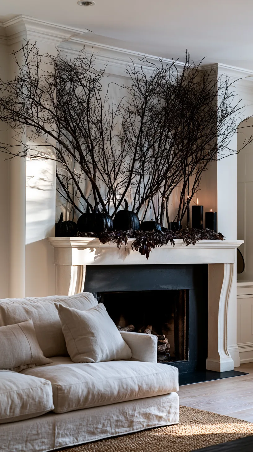 tall dark branches rising from a Halloween mantel into the wall above, photo 4 of 4