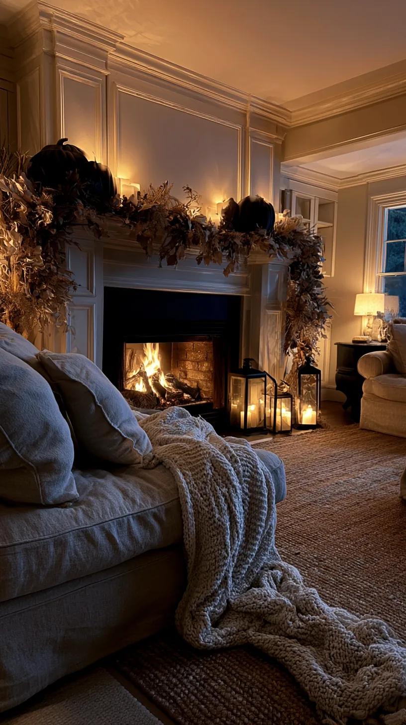 a warmly lit Halloween mantel with a second pool of light across the room, photo 1 of 4