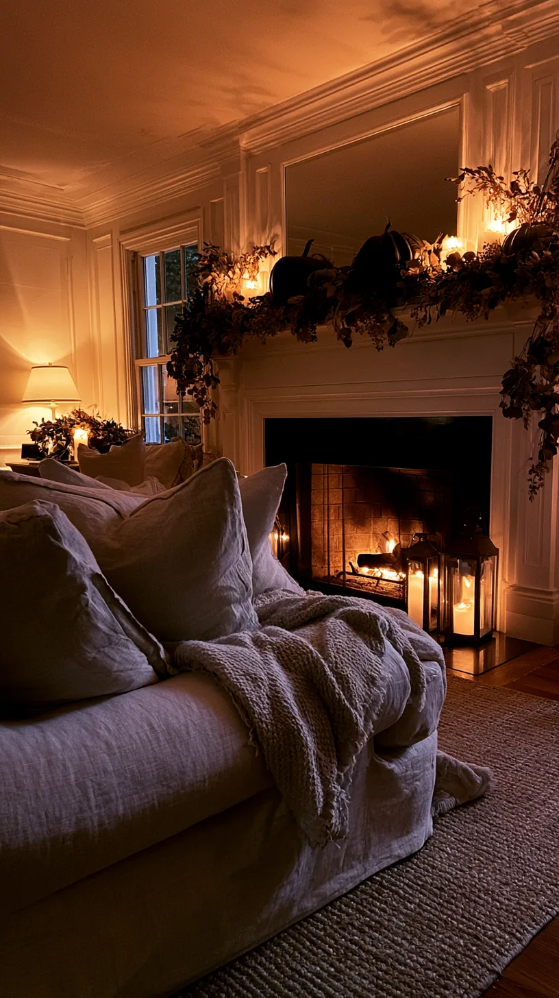 a warmly lit Halloween mantel with a second pool of light across the room, photo 2 of 4