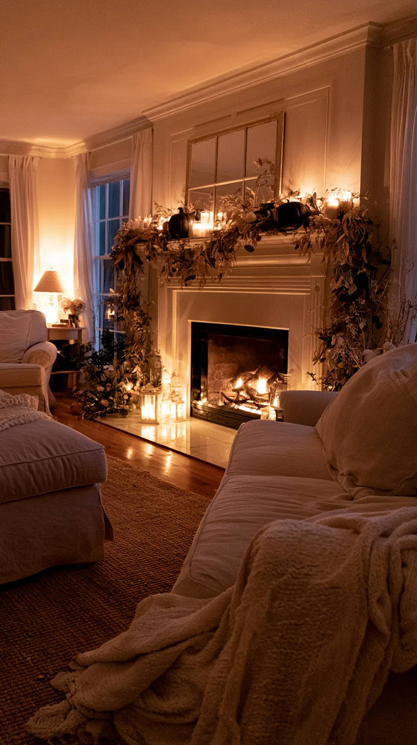a warmly lit Halloween mantel with a second pool of light across the room, photo 3 of 4