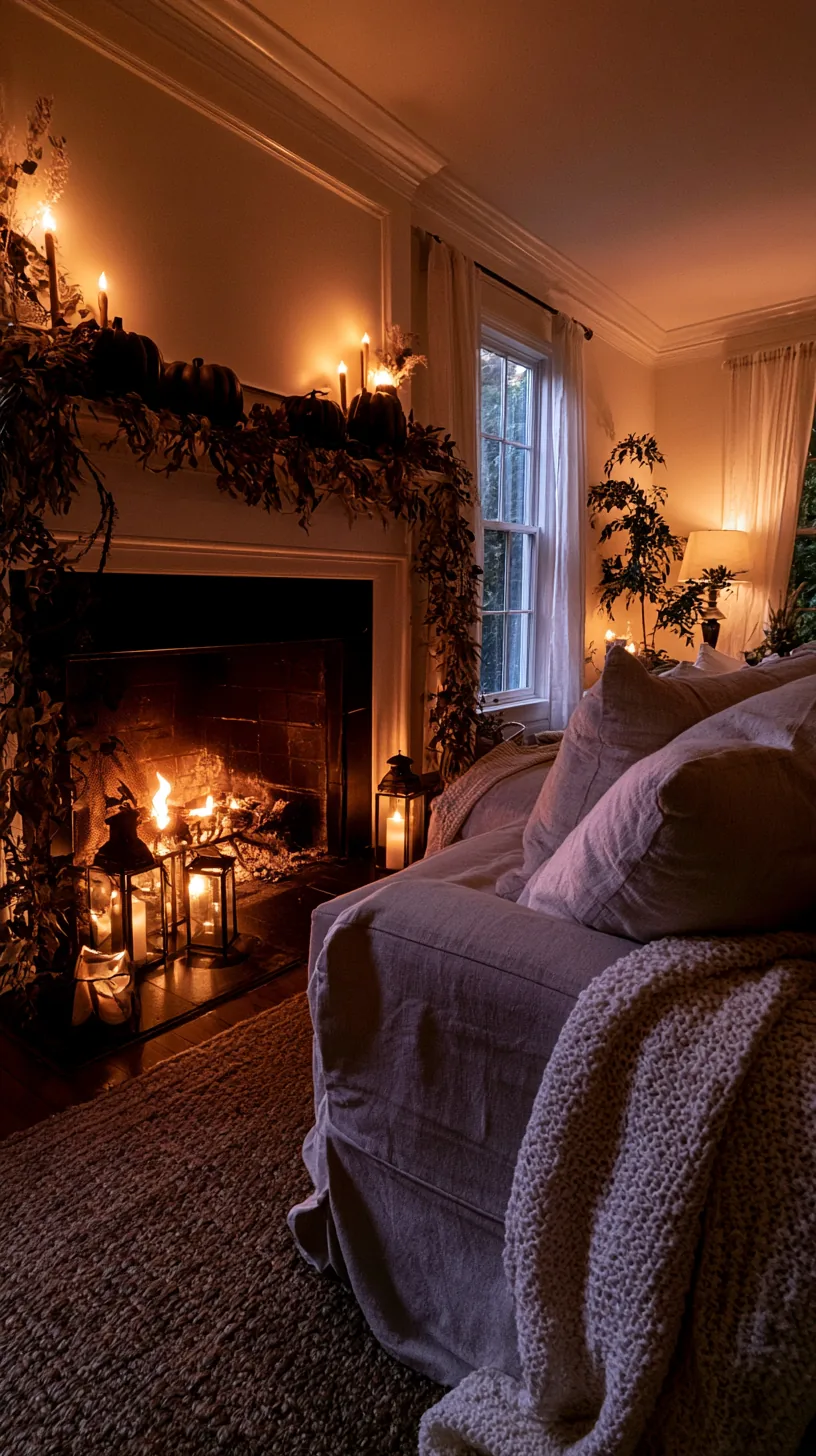 a warmly lit Halloween mantel with a second pool of light across the room, photo 4 of 4