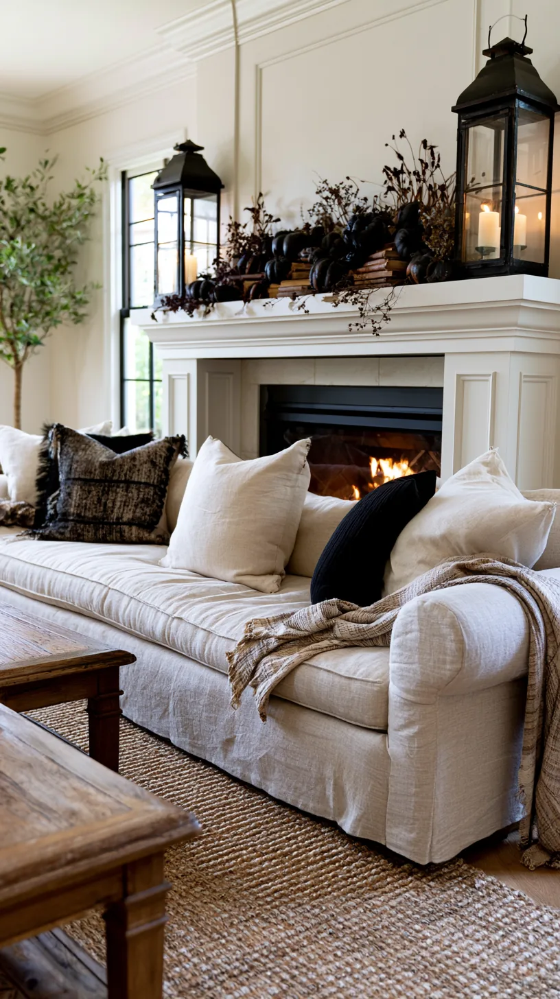 a long wide Halloween mantel anchored with a pair of lanterns, photo 1 of 6