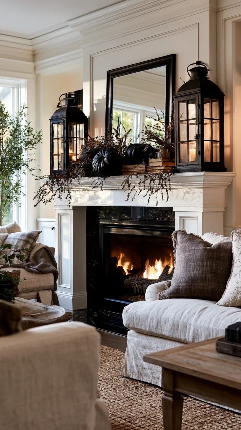 a long wide Halloween mantel anchored with a pair of lanterns, photo 2 of 6
