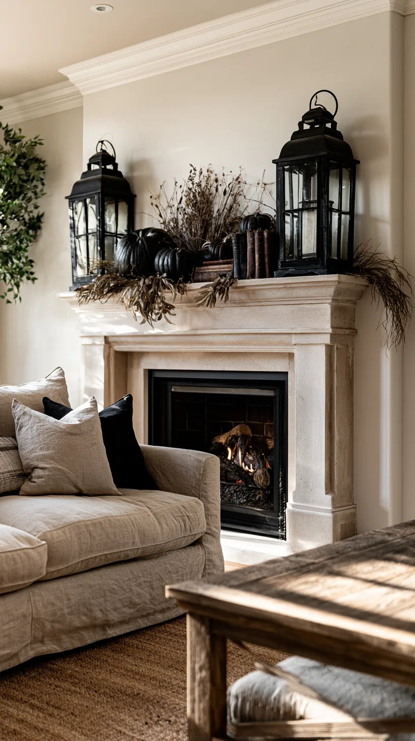 a long wide Halloween mantel anchored with a pair of lanterns, photo 3 of 6