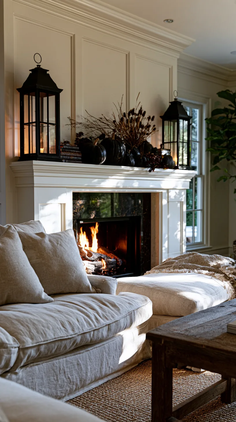 a long wide Halloween mantel anchored with a pair of lanterns, photo 4 of 6