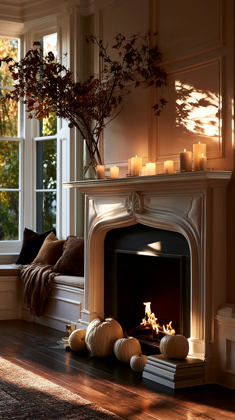 a long wide Halloween mantel anchored with a pair of lanterns, photo 5 of 6