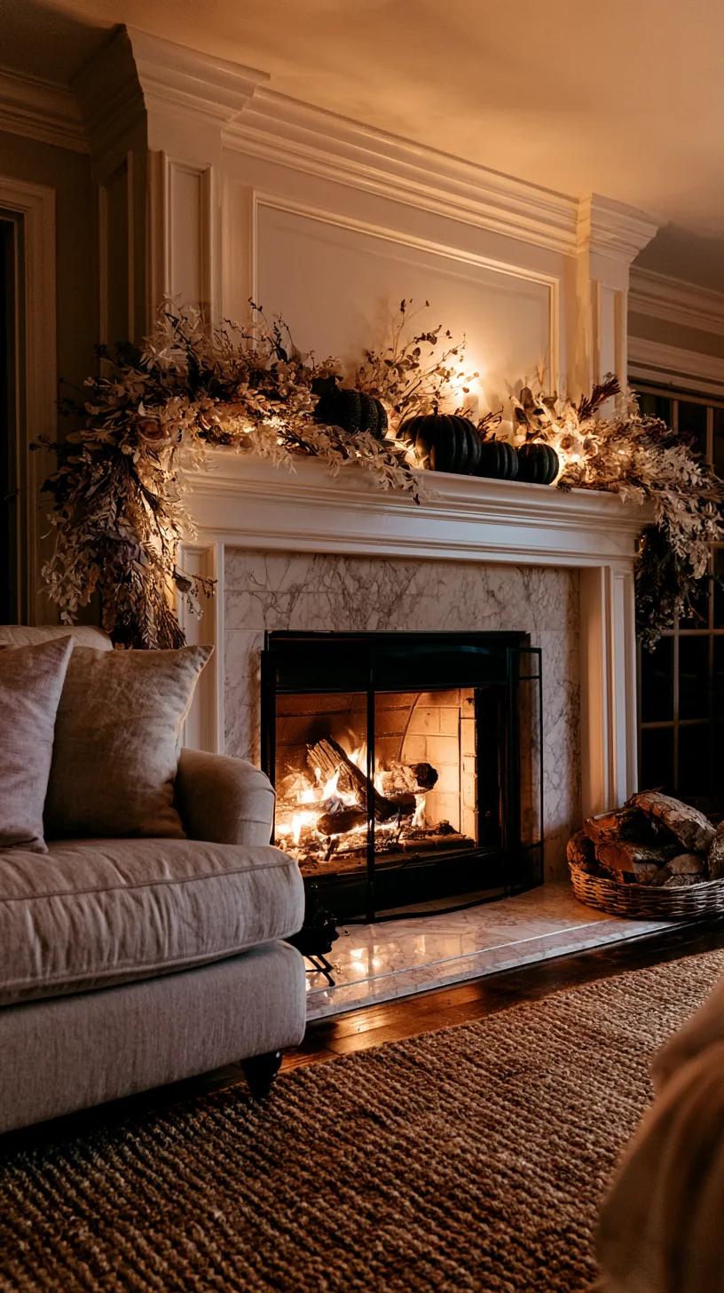 greenery kept safely back from the firebox on a Halloween mantel, photo 3 of 4