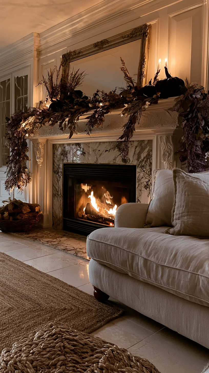 greenery kept safely back from the firebox on a Halloween mantel, photo 4 of 4