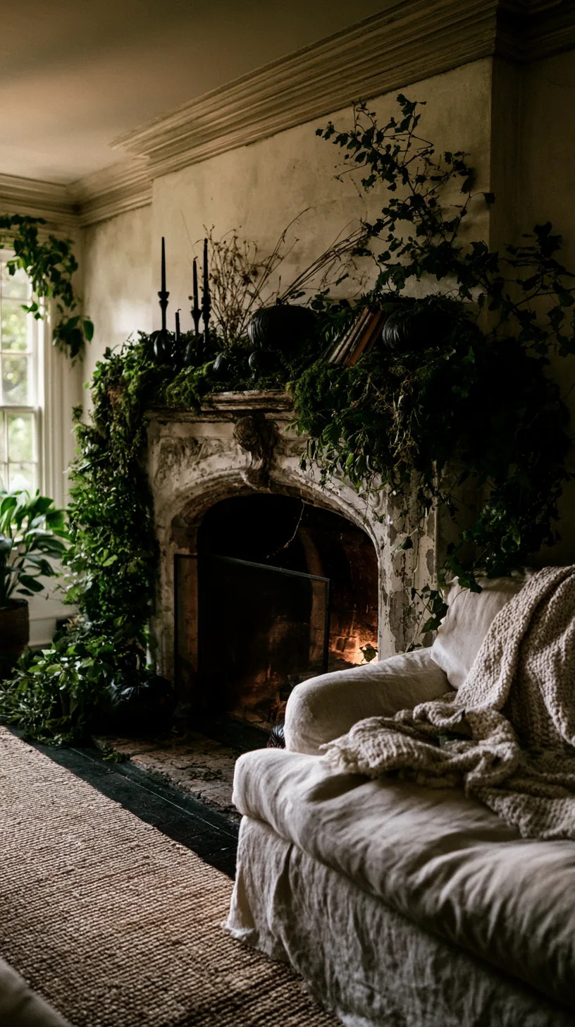 moss and aged green worked into a Halloween mantel for an overgrown look, photo 1 of 4