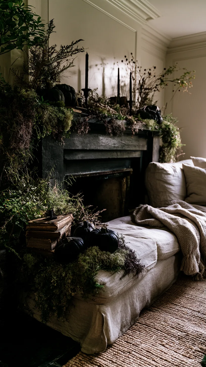 moss and aged green worked into a Halloween mantel for an overgrown look, photo 2 of 4