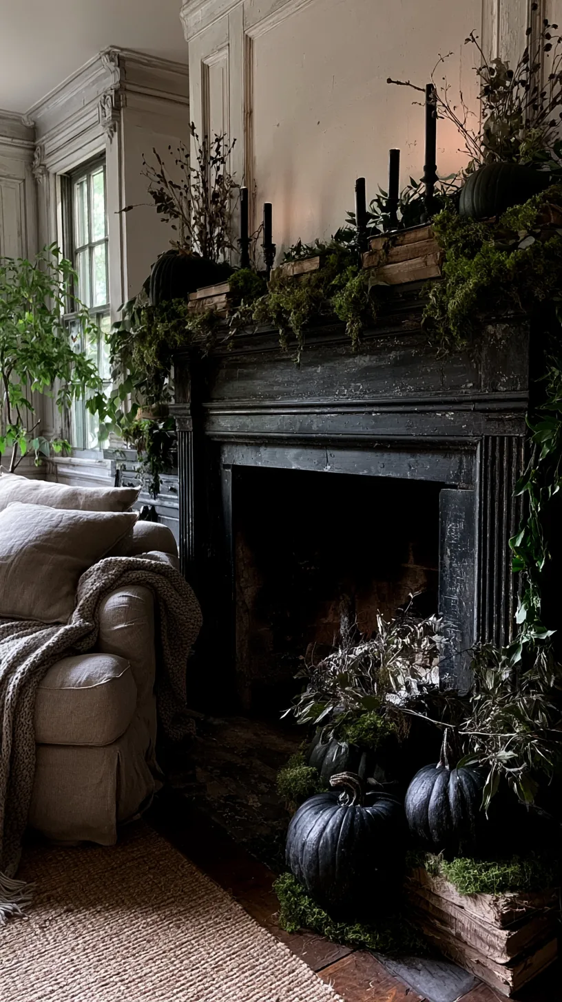 moss and aged green worked into a Halloween mantel for an overgrown look, photo 3 of 4
