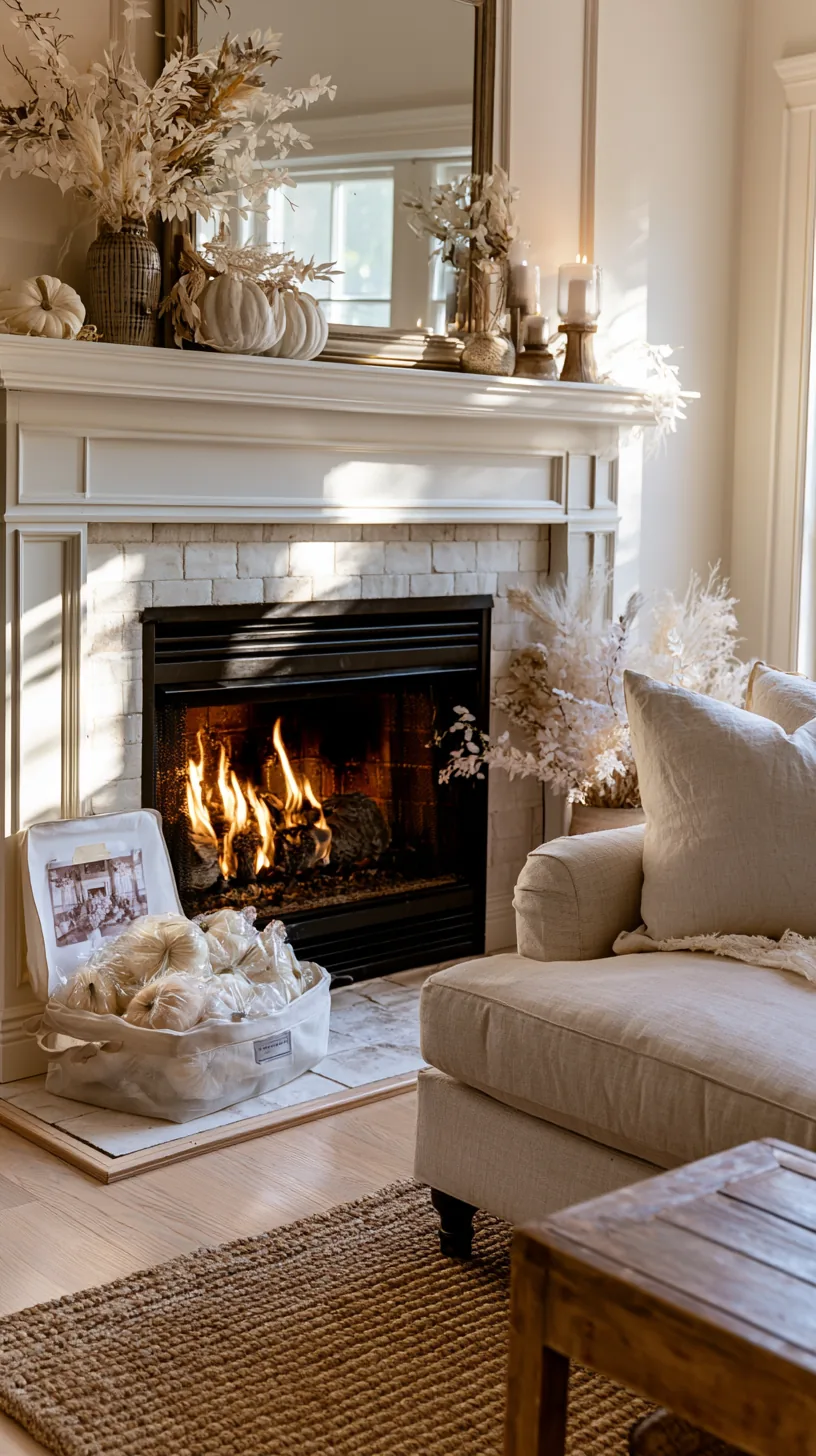 a finished Halloween mantel with a labelled storage bin packed below, photo 1 of 4