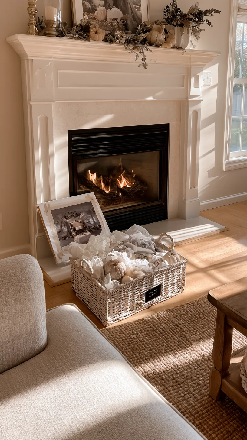 a finished Halloween mantel with a labelled storage bin packed below, photo 2 of 4