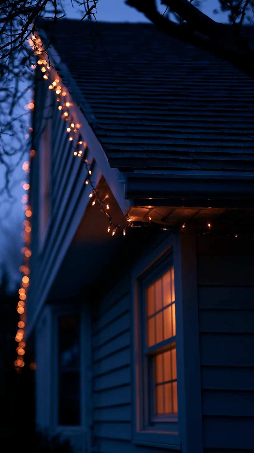 Warm orange string lights outlining a house roofline for Halloween, photo 1 of 4