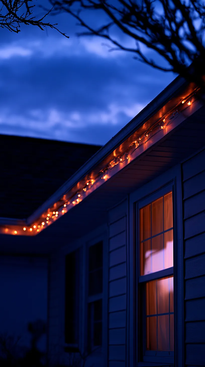 Warm orange string lights outlining a house roofline for Halloween, photo 2 of 4