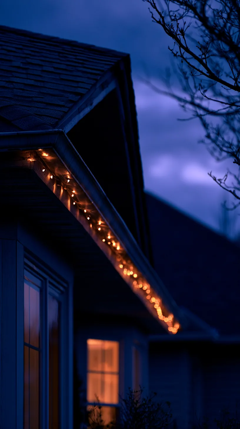 Warm orange string lights outlining a house roofline for Halloween, photo 3 of 4