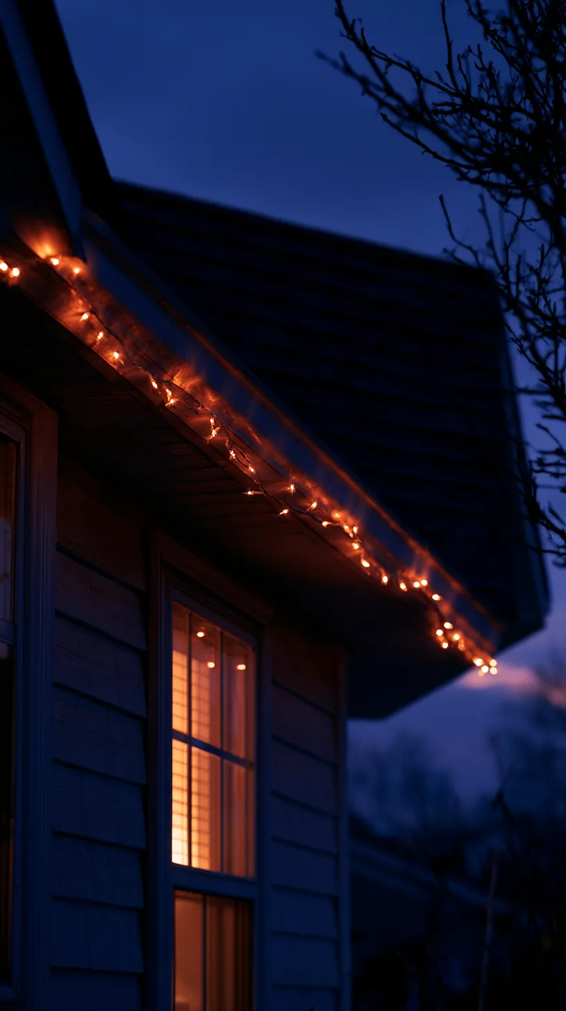 Warm orange string lights outlining a house roofline for Halloween, photo 4 of 4