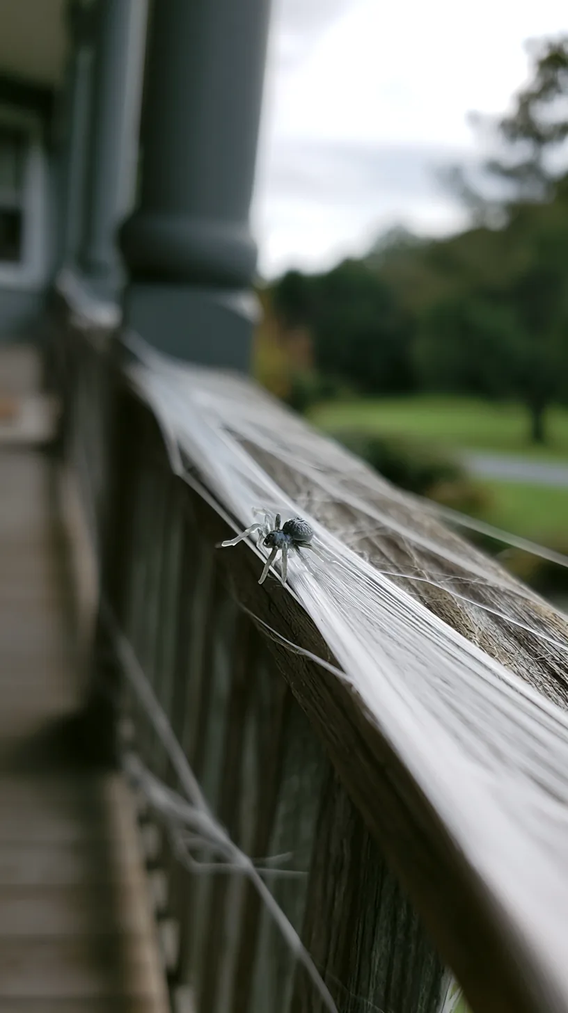 Stretchy spider web material draped over a white porch railing with a plastic spider, photo 4 of 4