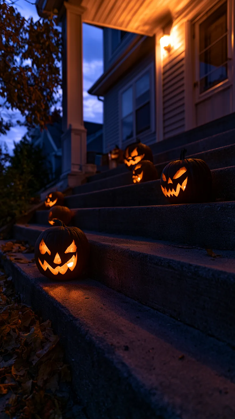 Row of glowing carved jack-o-lanterns lighting up a set of front porch steps, photo 1 of 4