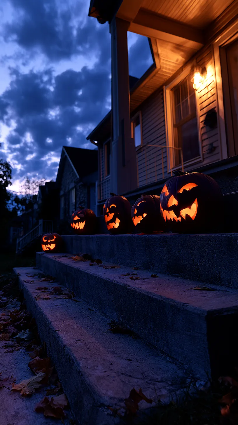 Row of glowing carved jack-o-lanterns lighting up a set of front porch steps, photo 2 of 4