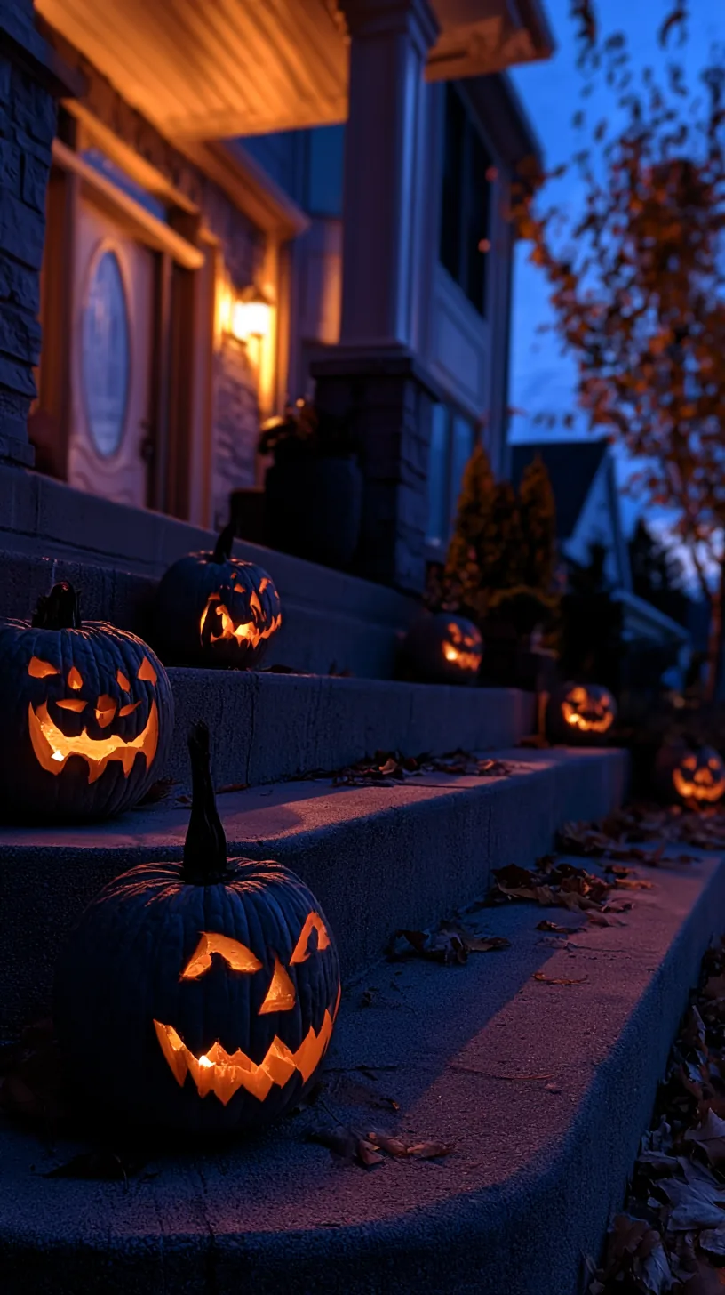 Row of glowing carved jack-o-lanterns lighting up a set of front porch steps, photo 3 of 4