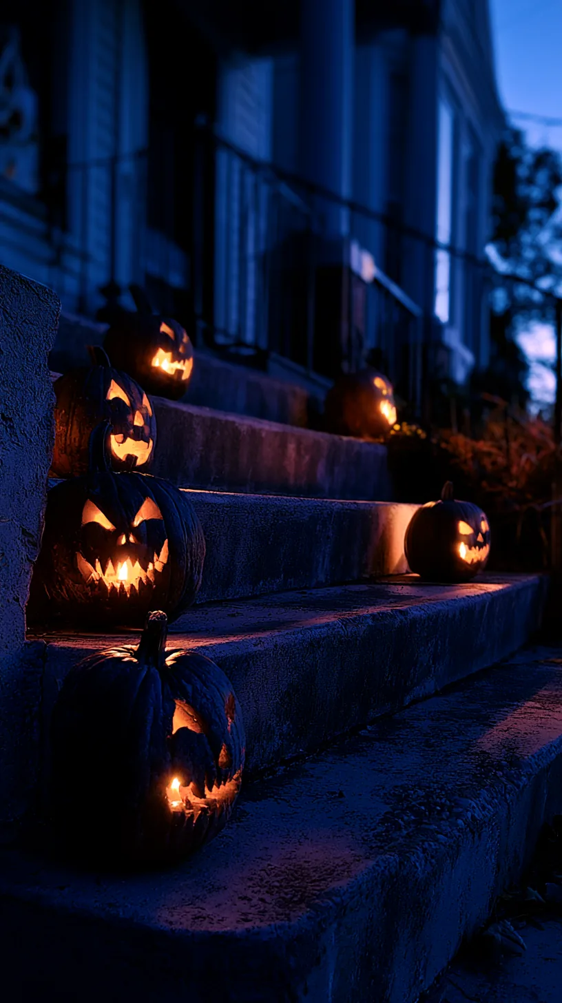 Row of glowing carved jack-o-lanterns lighting up a set of front porch steps, photo 4 of 4
