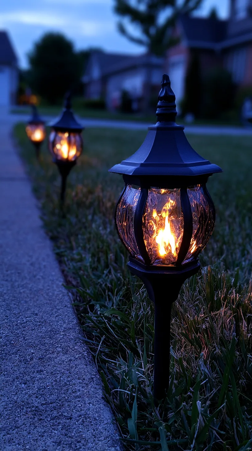 Flickering flame-effect light stakes lining a long driveway at night, photo 1 of 4