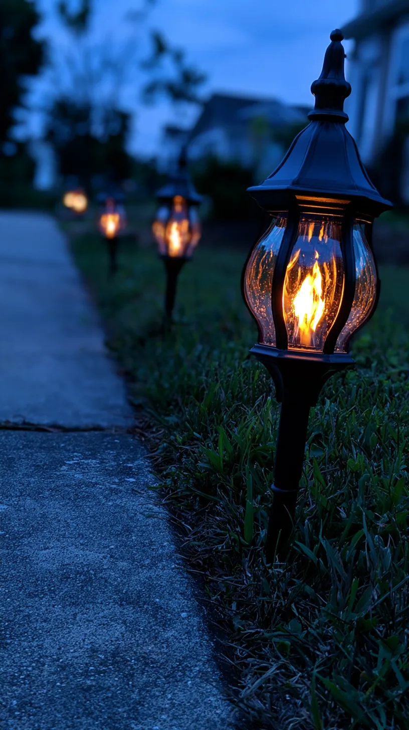 Flickering flame-effect light stakes lining a long driveway at night, photo 2 of 4