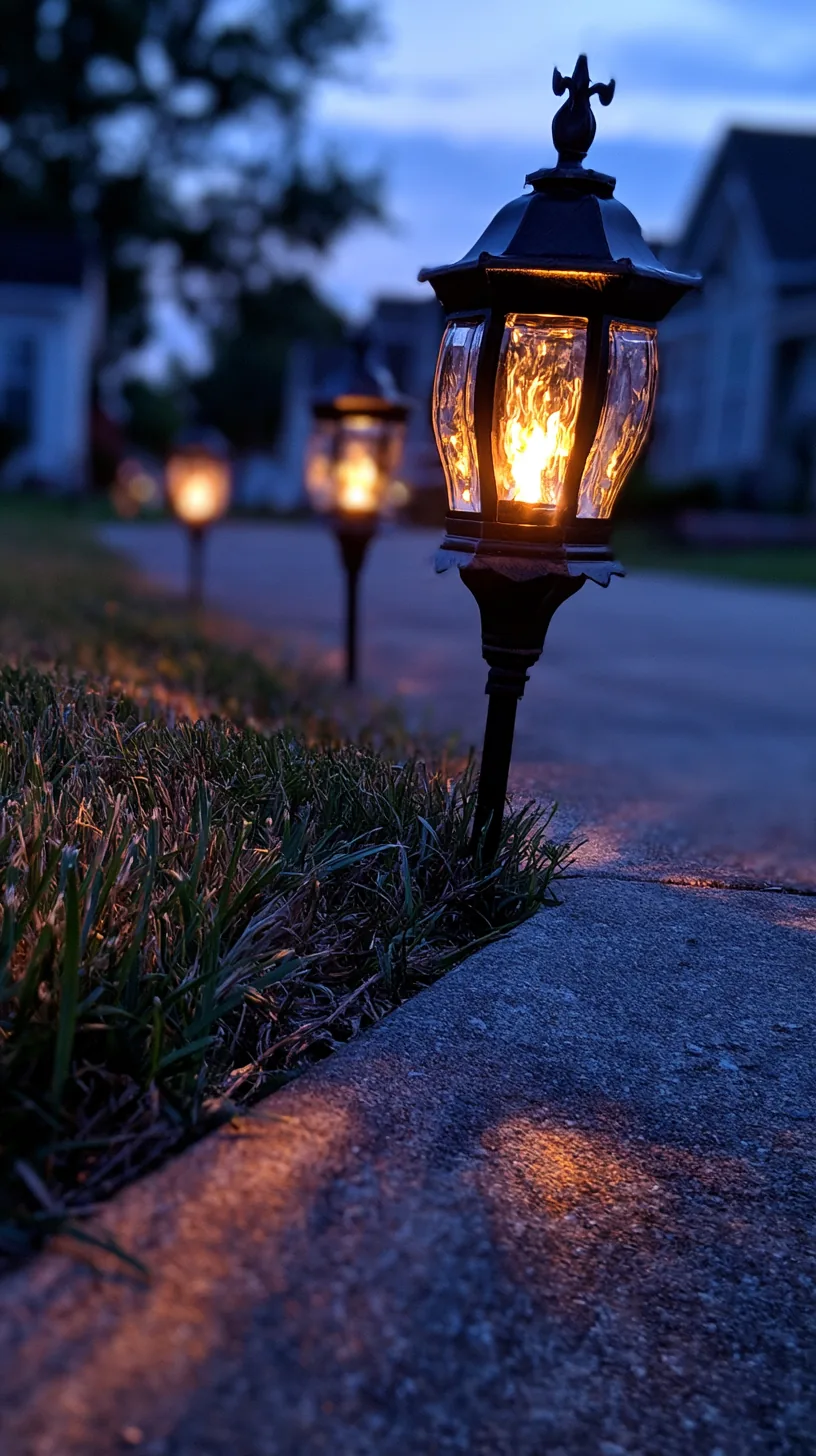 Flickering flame-effect light stakes lining a long driveway at night, photo 3 of 4