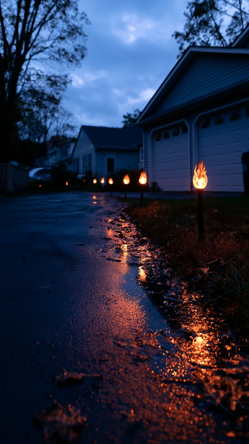 Flickering flame-effect light stakes lining a long driveway at night, photo 4 of 4