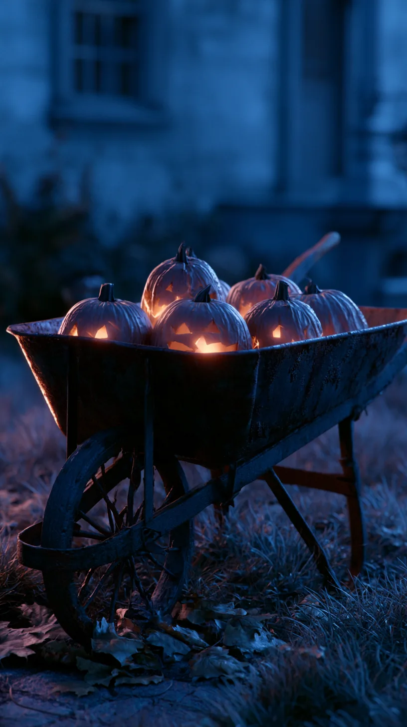 Rustic wheelbarrow filled with glowing orange pumpkins and autumn leaves, photo 1 of 4