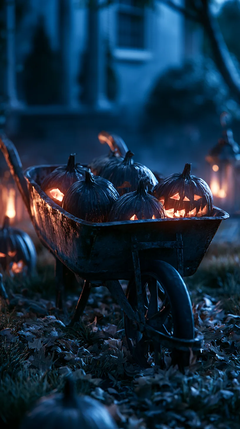 Rustic wheelbarrow filled with glowing orange pumpkins and autumn leaves, photo 2 of 4