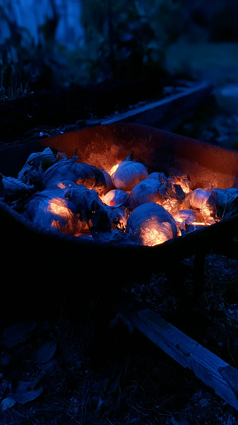Rustic wheelbarrow filled with glowing orange pumpkins and autumn leaves, photo 3 of 4