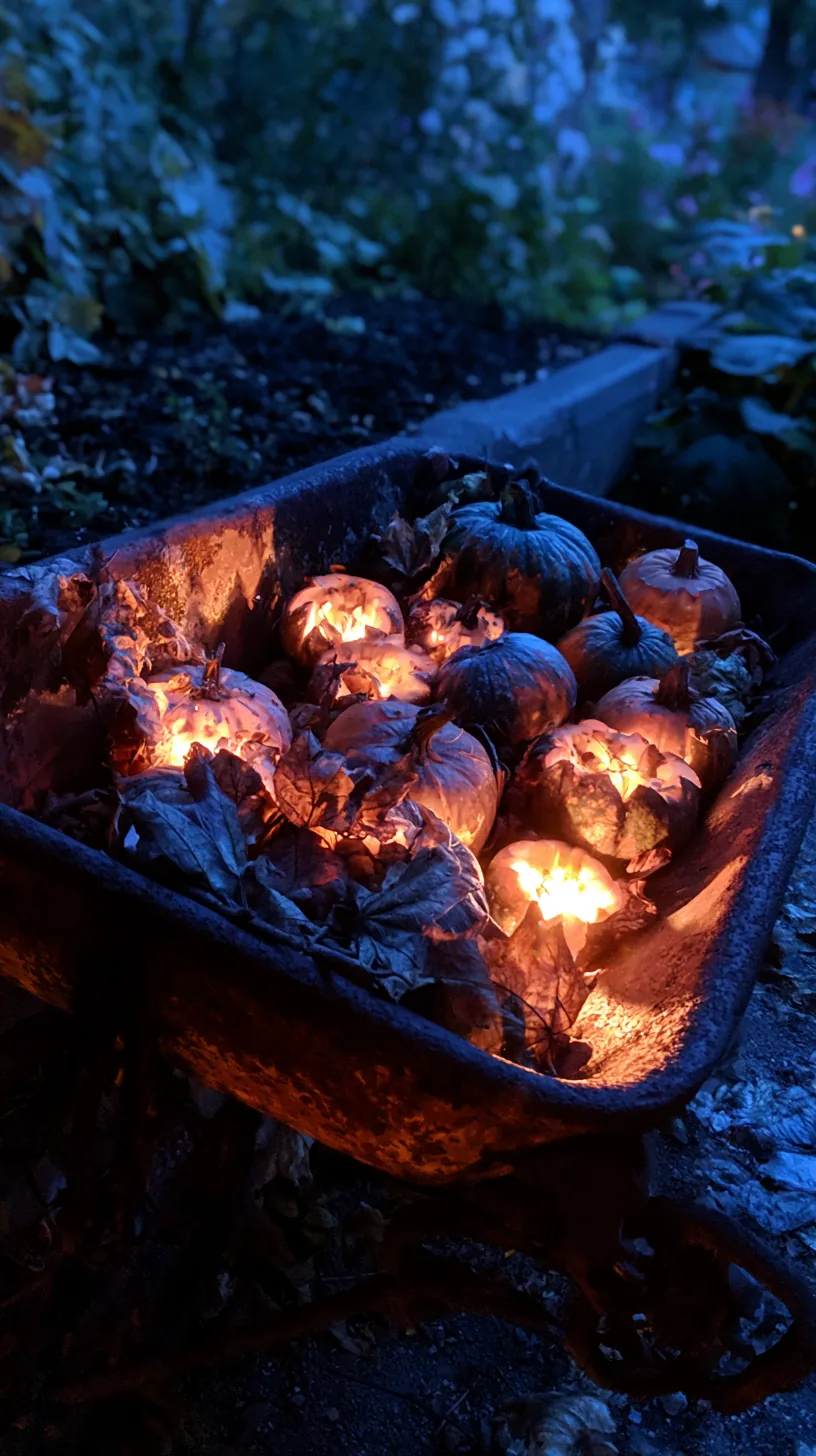 Rustic wheelbarrow filled with glowing orange pumpkins and autumn leaves, photo 4 of 4