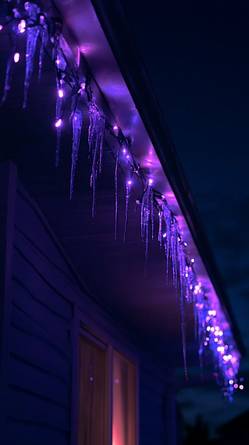 Purple LED icicle lights hanging along the eaves of a house at night, photo 1 of 3