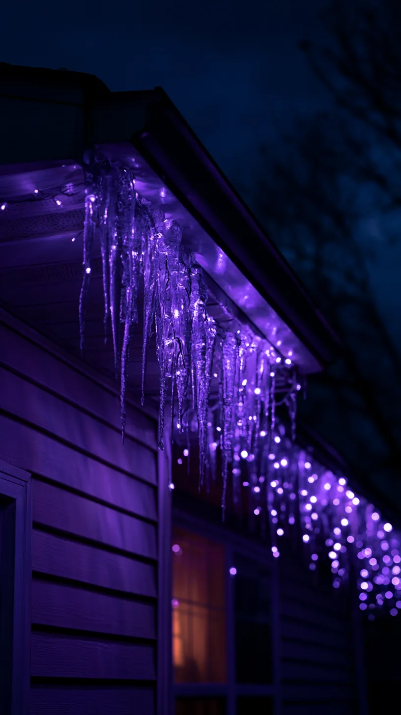 Purple LED icicle lights hanging along the eaves of a house at night, photo 2 of 3